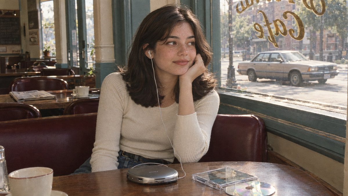 Candid 90s Cafe Moment: Young Woman Lost in Music and Thought