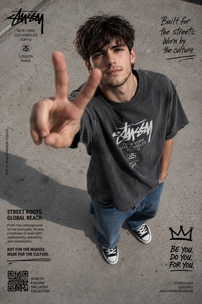 Young man flashes peace sign from above on concrete pavement
