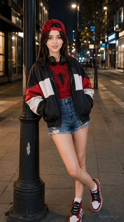 Night City Portrait with Red Cap and Crossed Legs