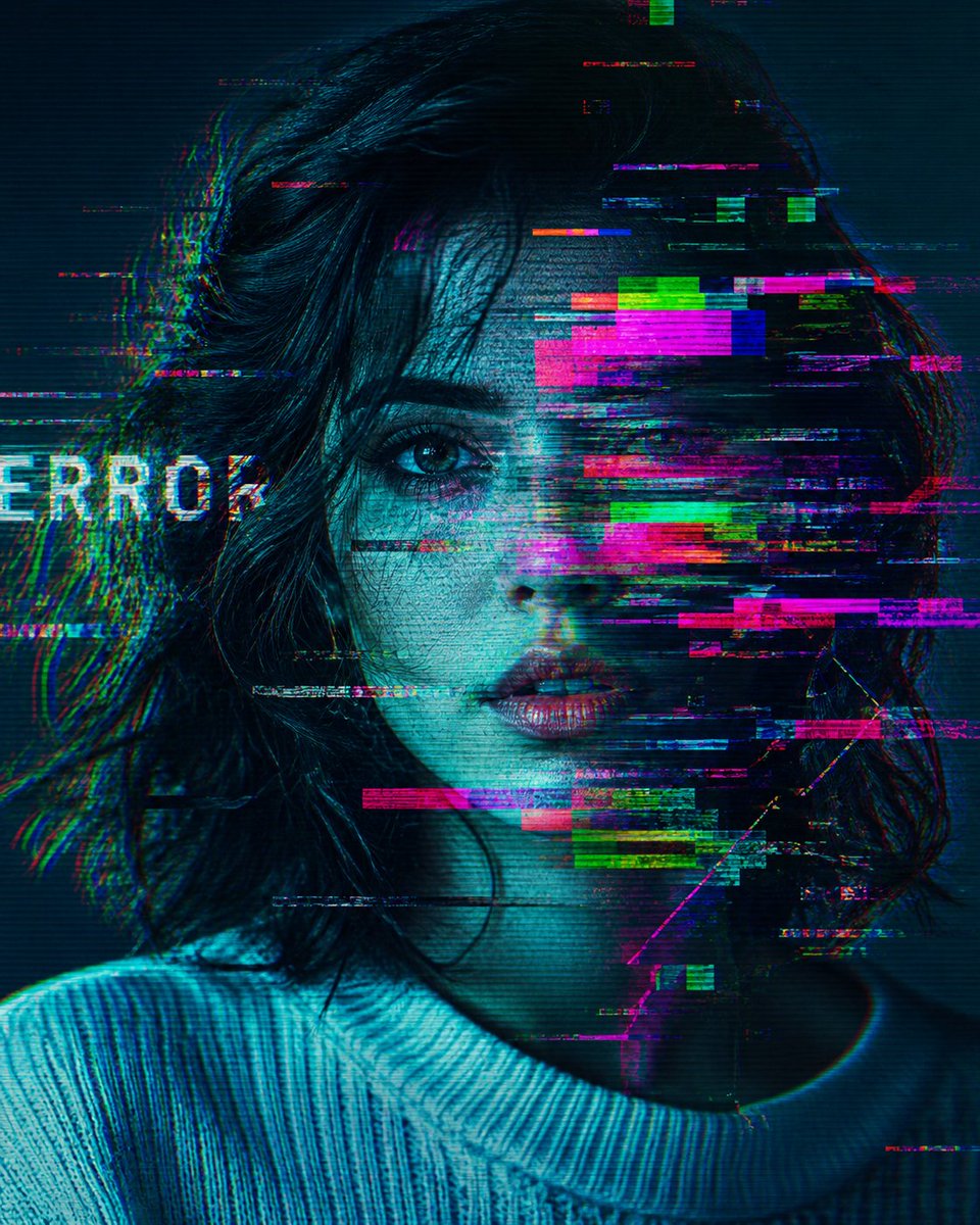 A woman's eye pierces through neon glitch bars in chaos
