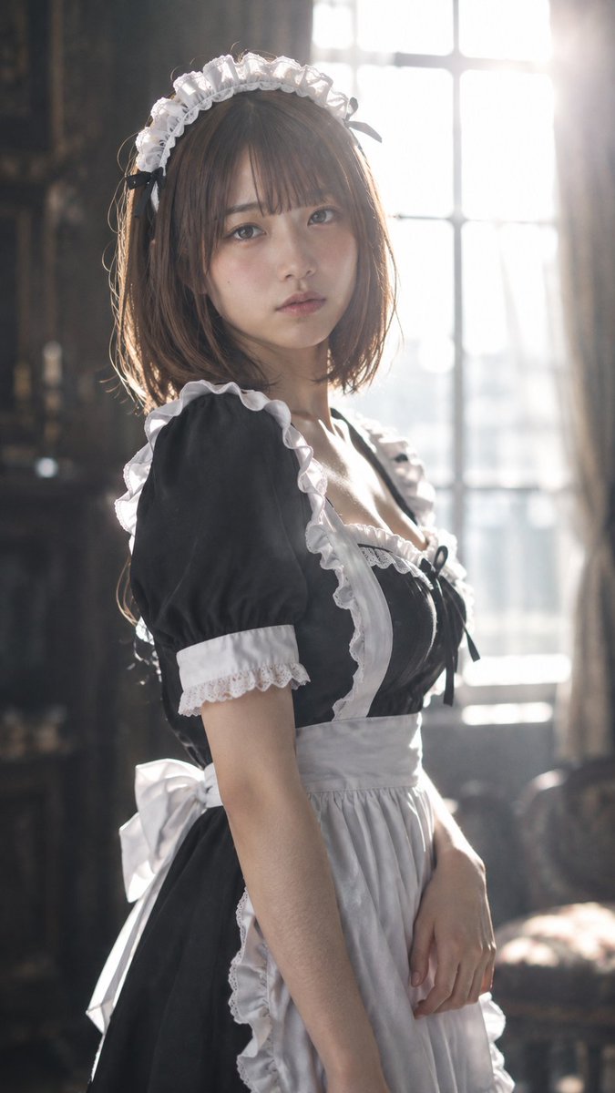 A woman in a maid dress turns back in a dimly lit antique room
