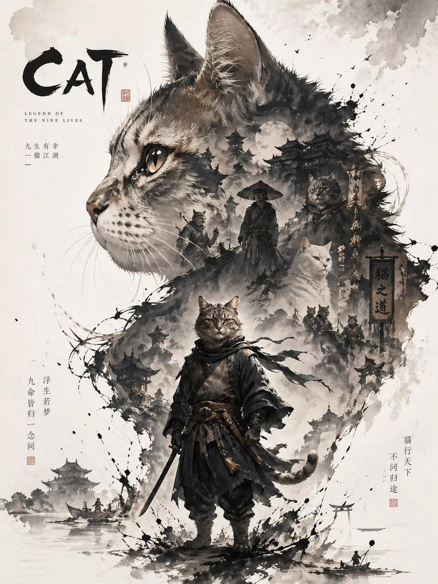 Mystical Cat Silhouette Poster with Layered Narrative