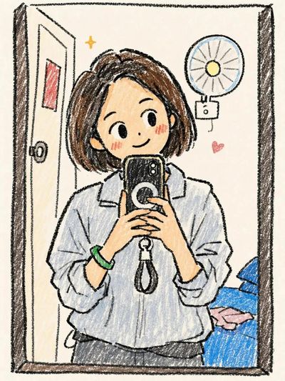 A cozy doodle portrait with thick black outlines and flat colors
