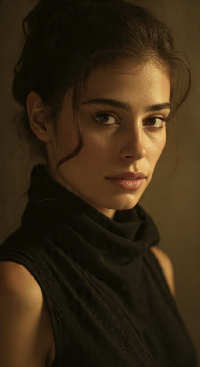 A woman's intense gaze emerges from golden amber shadows