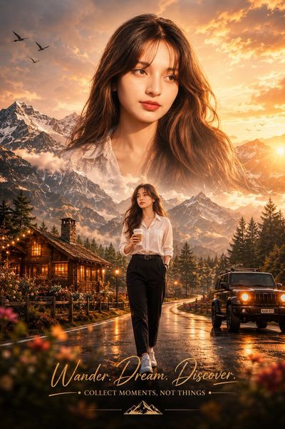 A woman's portrait blends with snowy peaks and golden sunset clouds.