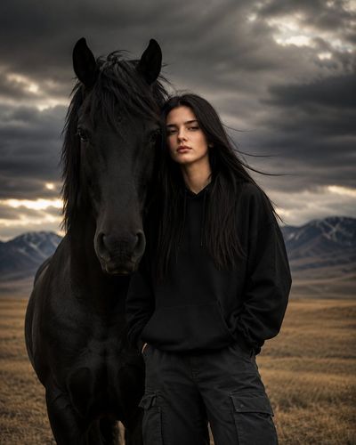 A woman and black horse stand calmly beneath gathering storm clouds.