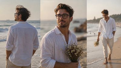 Young Indian man walks alone on golden beach at sunset
