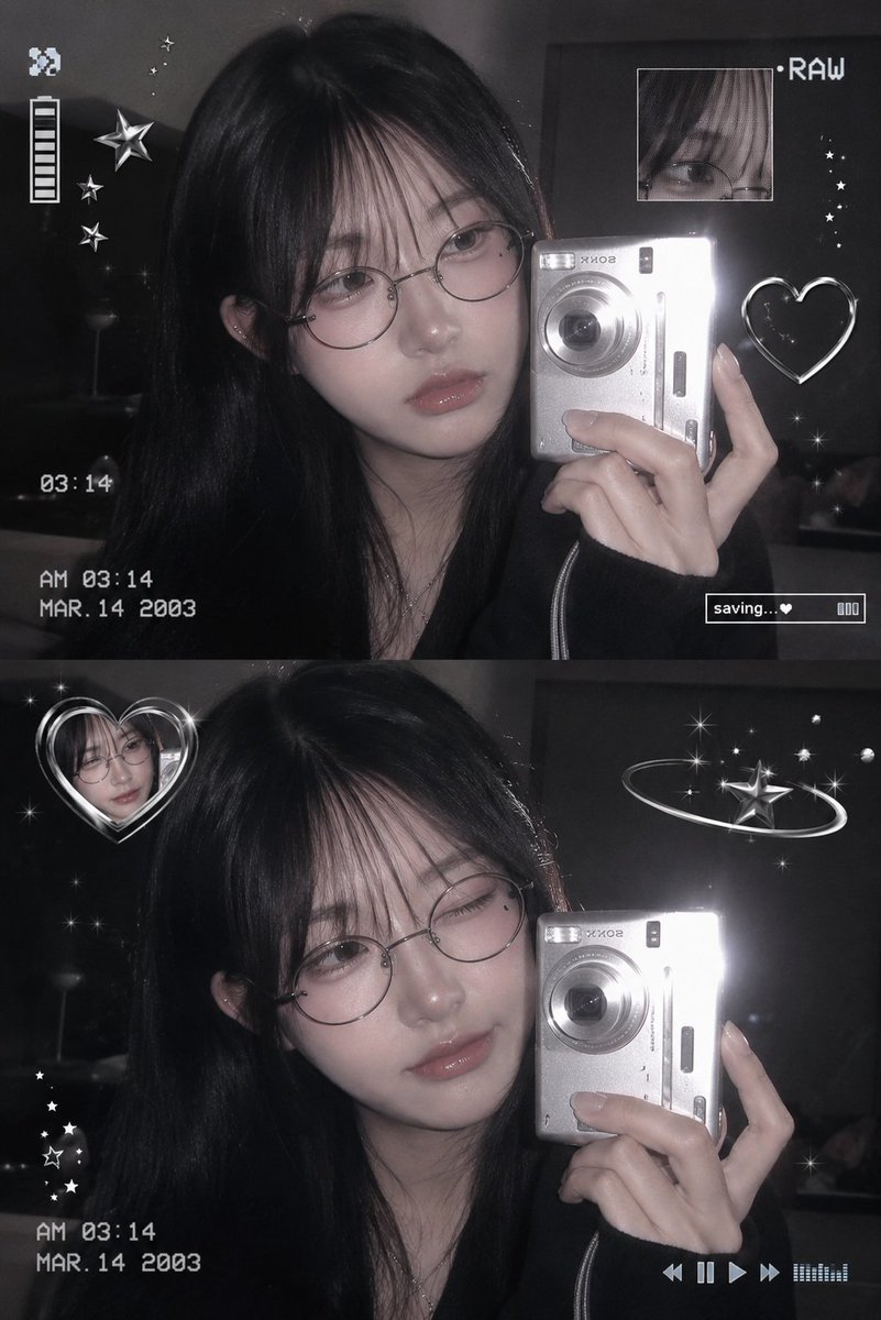 Korean girl in glasses takes mirror selfie with digicam