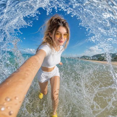 A woman runs through crashing waves while taking a selfie