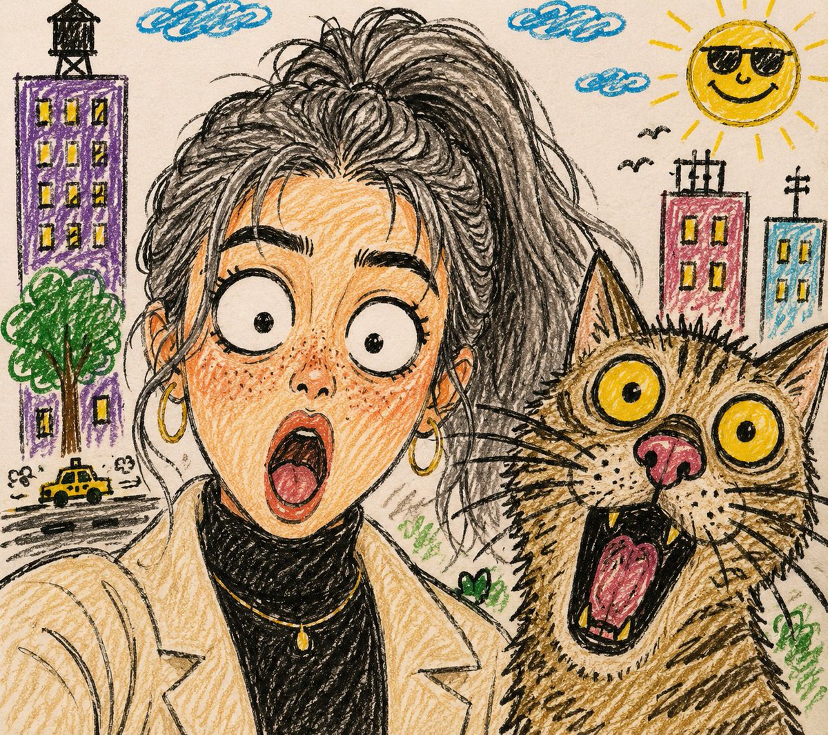 Surprised woman and shocked cat take a hilarious selfie