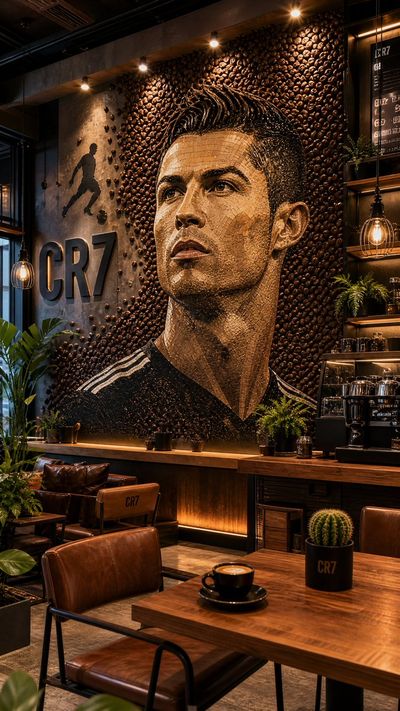 Cristiano Ronaldo mural emerges from coffee bean halo in luxury café