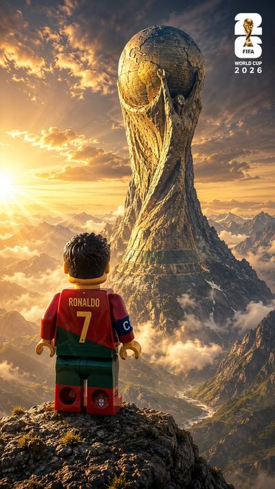 A lone LEGO footballer faces a trophy-shaped mountain at dawn.