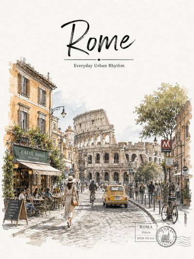 A stylish woman walks past a café toward the Colosseum in Rome.