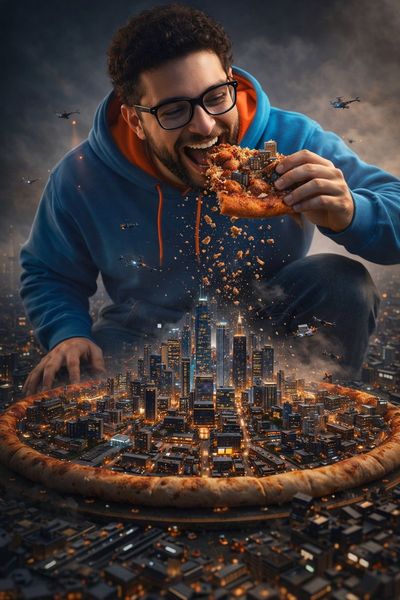 The Giant's Pizza City: A Surreal Urban Feast