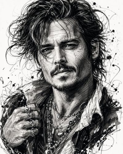 Rough ink strokes capture Tom Cruise and Johnny Depp in caricature