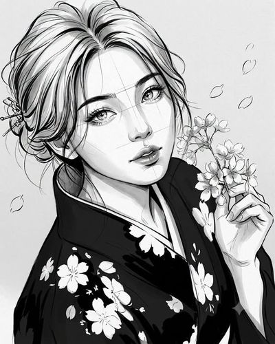 Elegant monochrome ink portrait with dynamic flowing hair lines