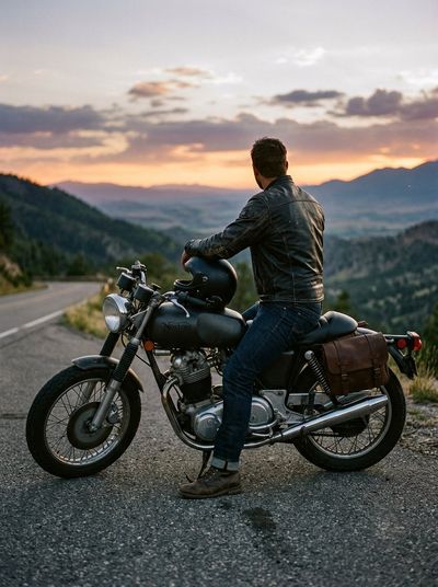 A lone biker leans against a custom café racer at sunset