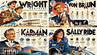 Retro paper-cut aerospace engineers arranged in a four-panel grid