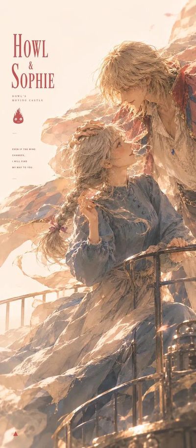Howl tenderly touches Sophie's head on the moving castle