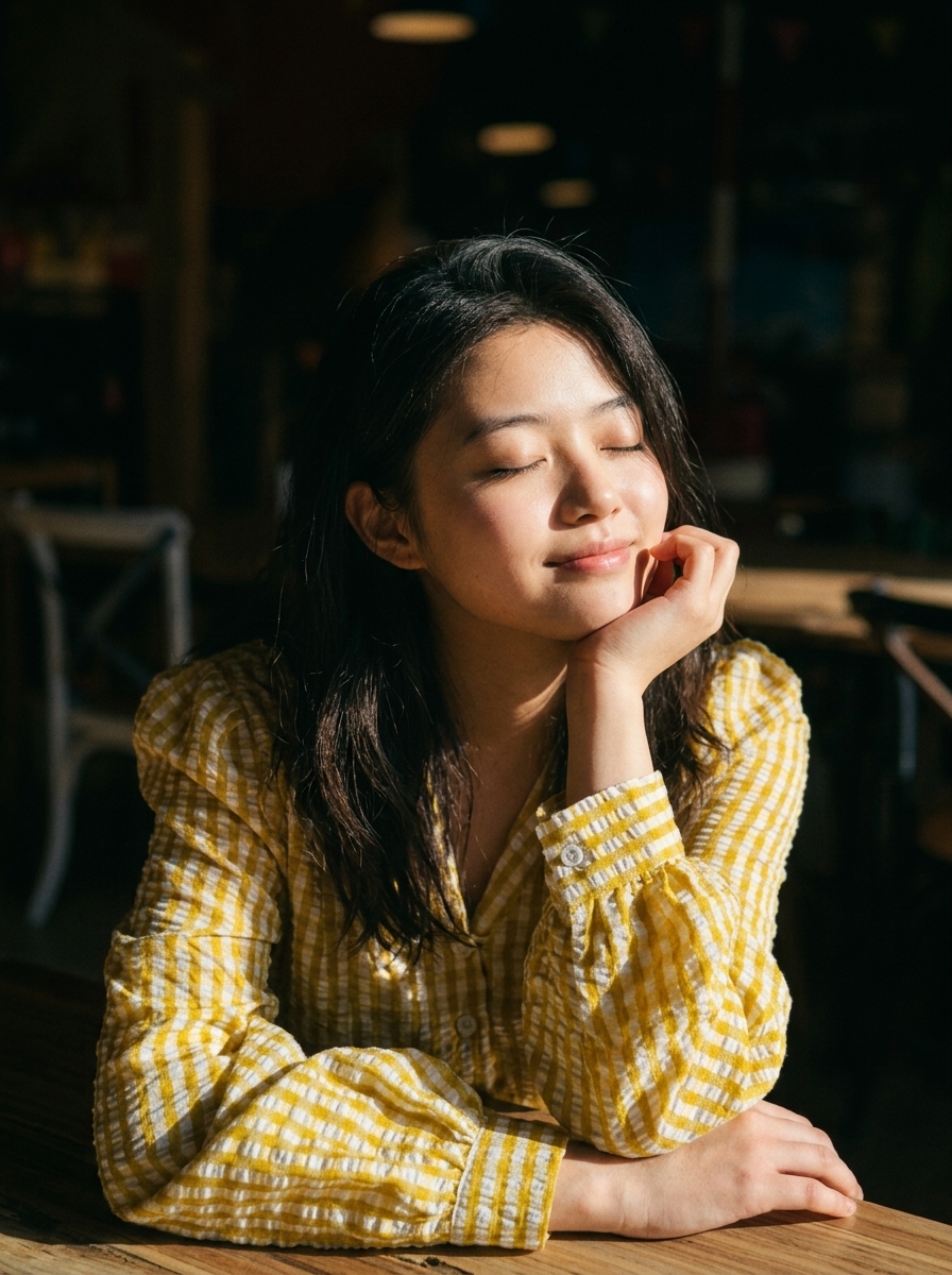Serene woman with closed eyes sips golden hour at rustic cafe