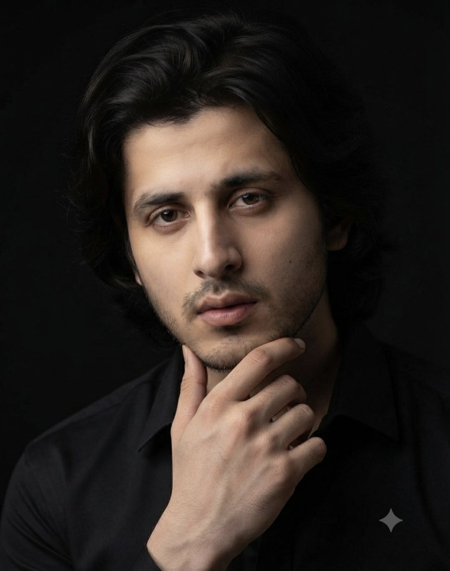 Dark-haired man in a black shirt poses against solid background