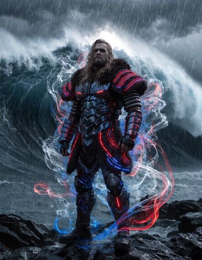 Futuristic Viking Meets Tsunami: A Cinematic Cybernetic Vision