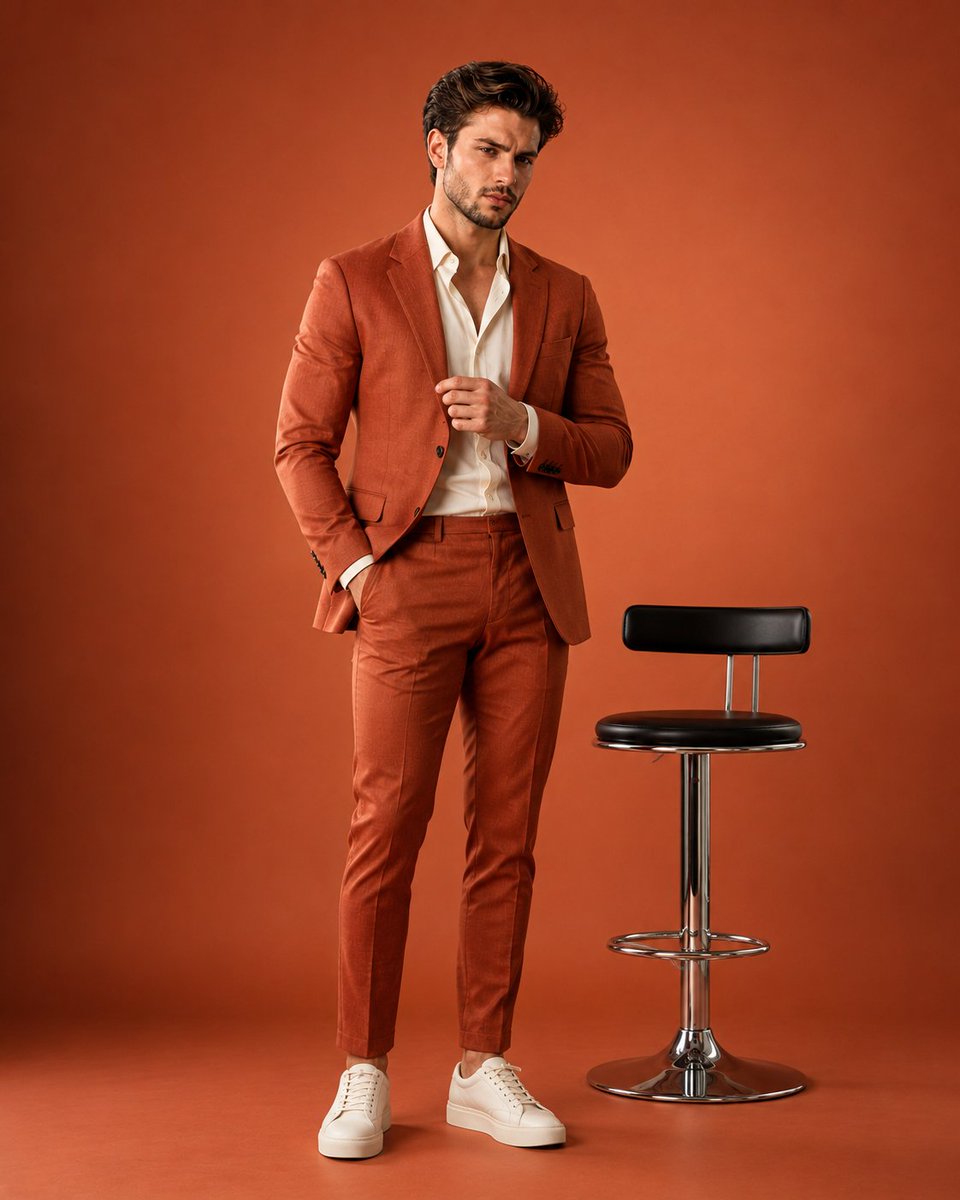 A man in burnt orange suit sits on chrome stool