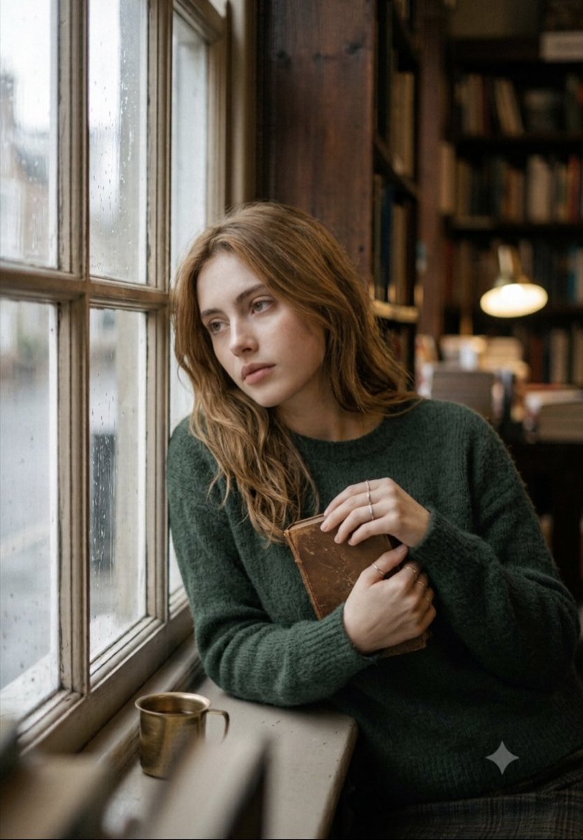 A young woman in a green sweater dreams by a rainy bookstore window