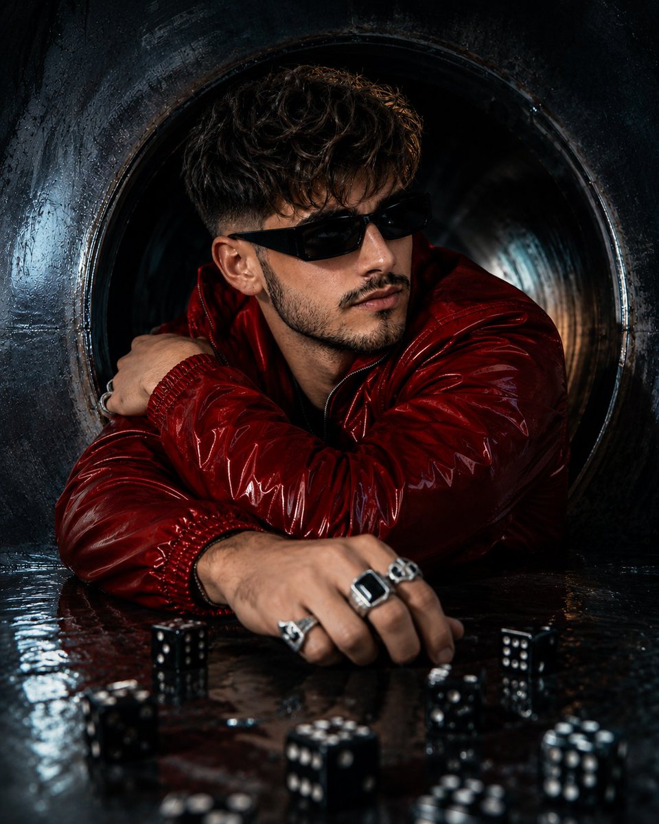 A man in a red jacket stands inside a dark circular tunnel