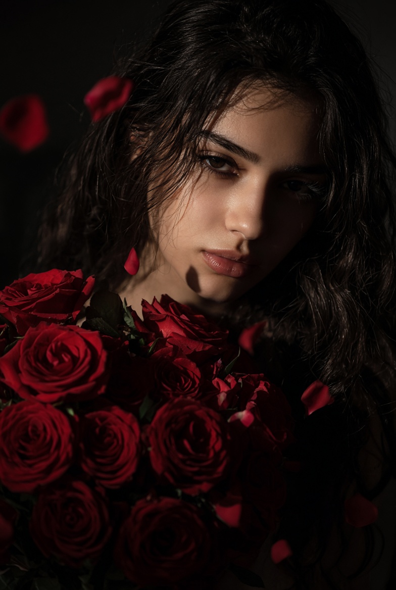 Woman Holds Red Roses Amid Floating Petals in Dark Light