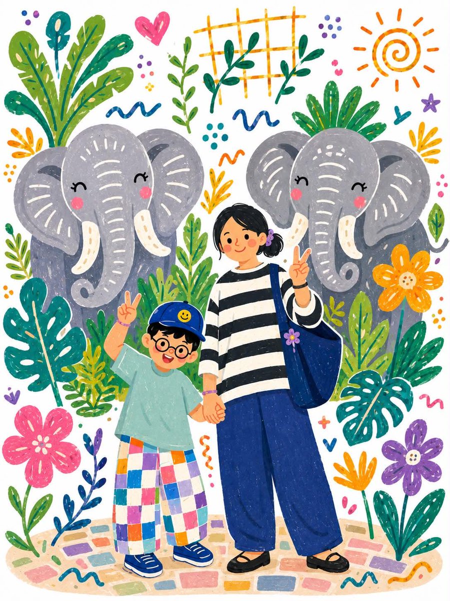 Mother and daughter make peace signs with smiling elephants in a magical jungle.