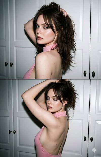 Woman with dark hair looks back in pink bodysuit under flash