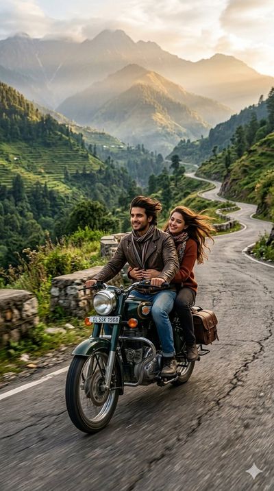 A couple rides a Bullet motorcycle through misty mountain roads