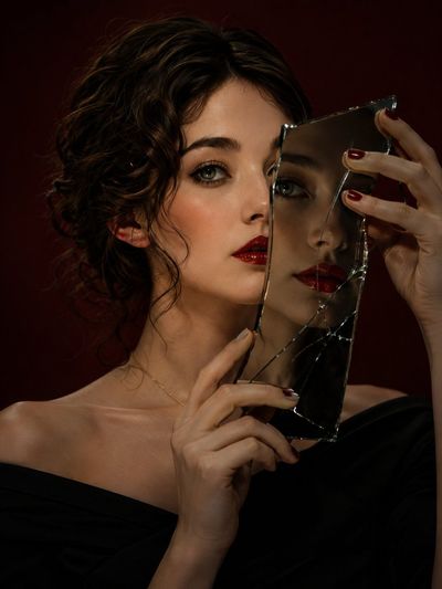 A mysterious woman holds a broken mirror shard before her face