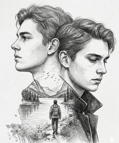 Young man's dual profiles merge with serene lake landscape sketch