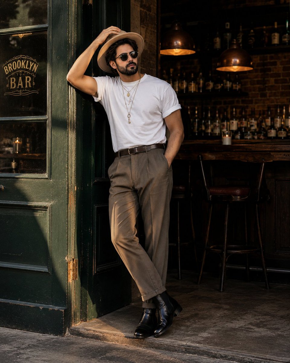 A stylish Black man leans against a vintage bar doorway in golden hour light.