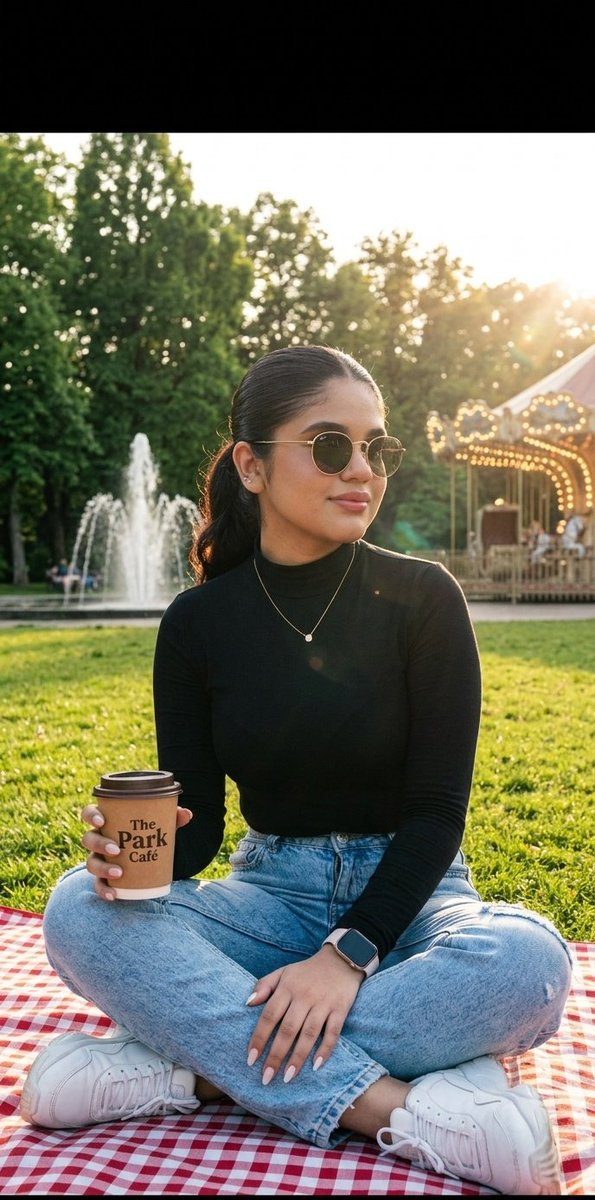 Woman with coffee enjoys golden hour in sunny park