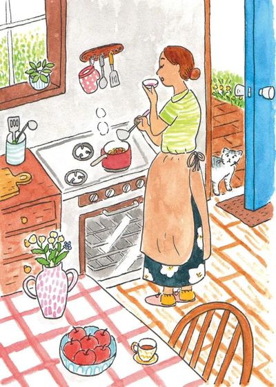A grandmother bakes bread in a cozy vintage kitchen with her cat.