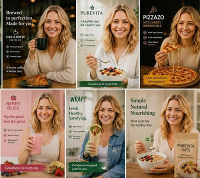 Blonde model smiles in six premium ads for coffee and pizza