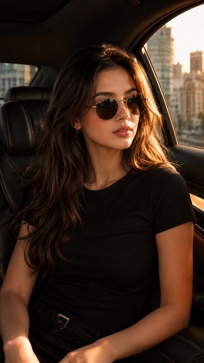 Confident woman in luxury car basks in golden hour sunlight