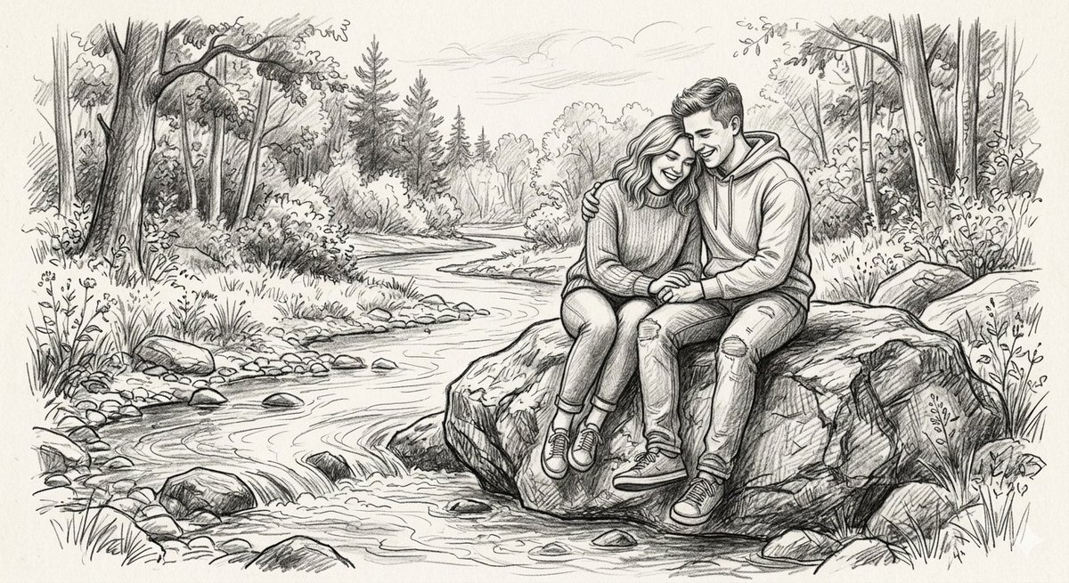 Young couple share a tender moment by the whispering river in pencil sketch.