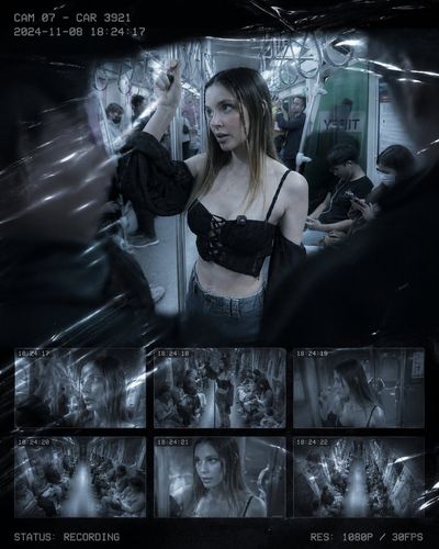 Cracked crowd frames a voyeuristic surveillance scene under white lights