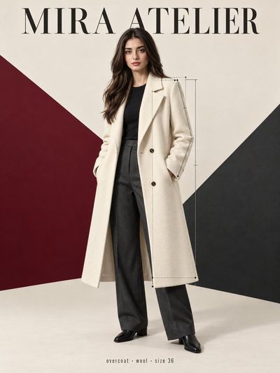 Ivory Wool Overcoat Girl Poses With Construction Lines in Studio
