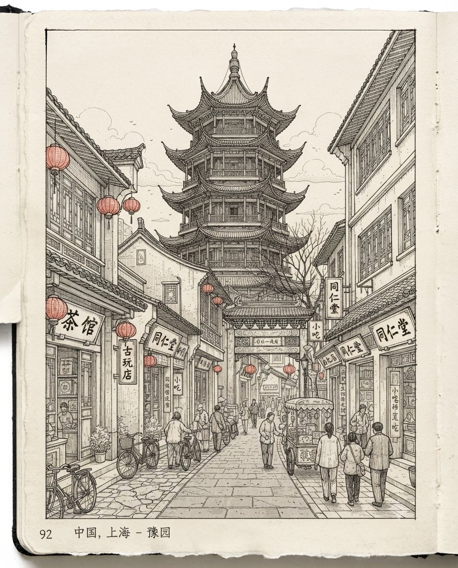 Ink sketch captures a historic city street with fine cross-hatching detail