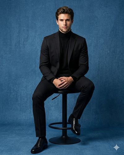 Confident man in black blazer sits on matte-black stool