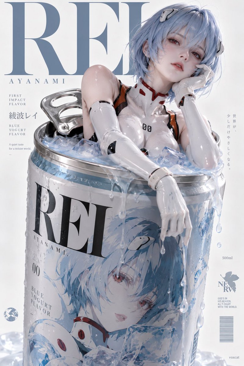 Anime character emerges from giant soda can in surreal ad