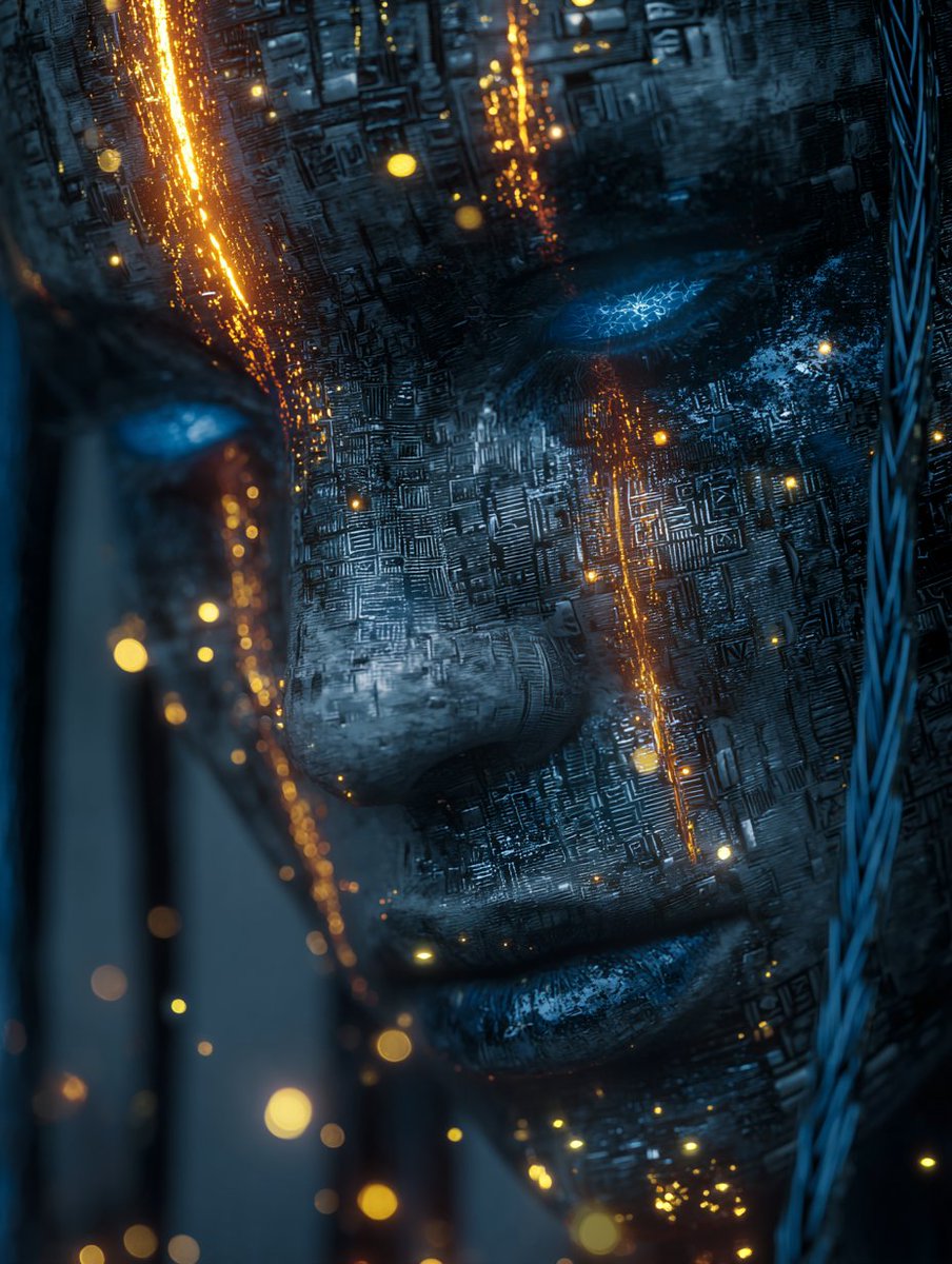 Weathered Cyborg Face Glows With Fiery Orange Stream