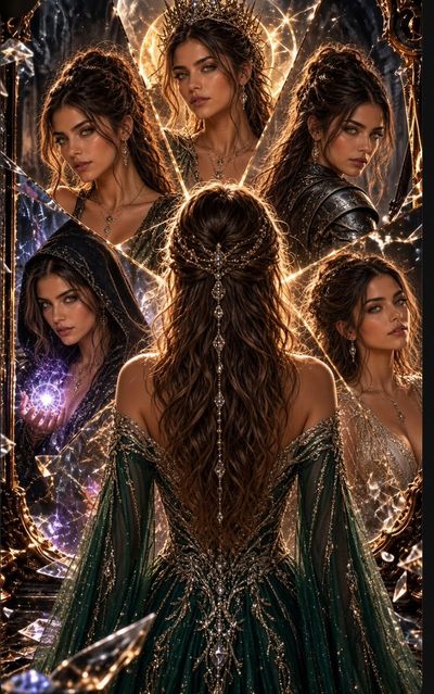 Woman in Emerald Gown Faces Shattered Mirror of Infinite Selves