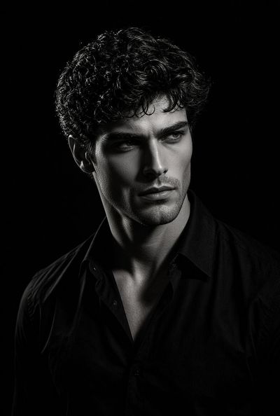 Sharp shadows sculpt a man's intense gaze in monochrome