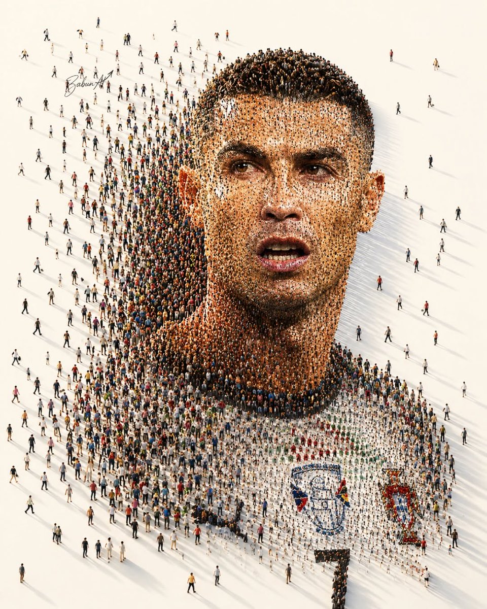 Thousands of tiny people form a legendary footballer portrait